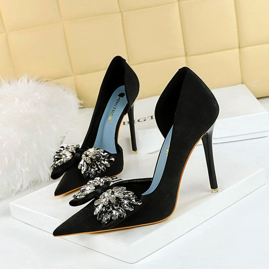 High Heels Stiletto Low Cut Pointed Side Hollow Out Cutout Cloth Surface Ultra High Heel Rhinestone Bow Pumps