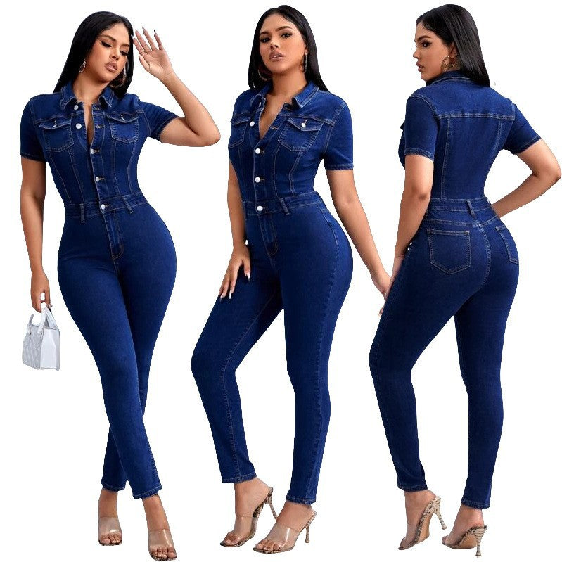 Denim Jumpsuit Women Slim Waist Elastic Jumpsuit Washed Office Jumpsuit