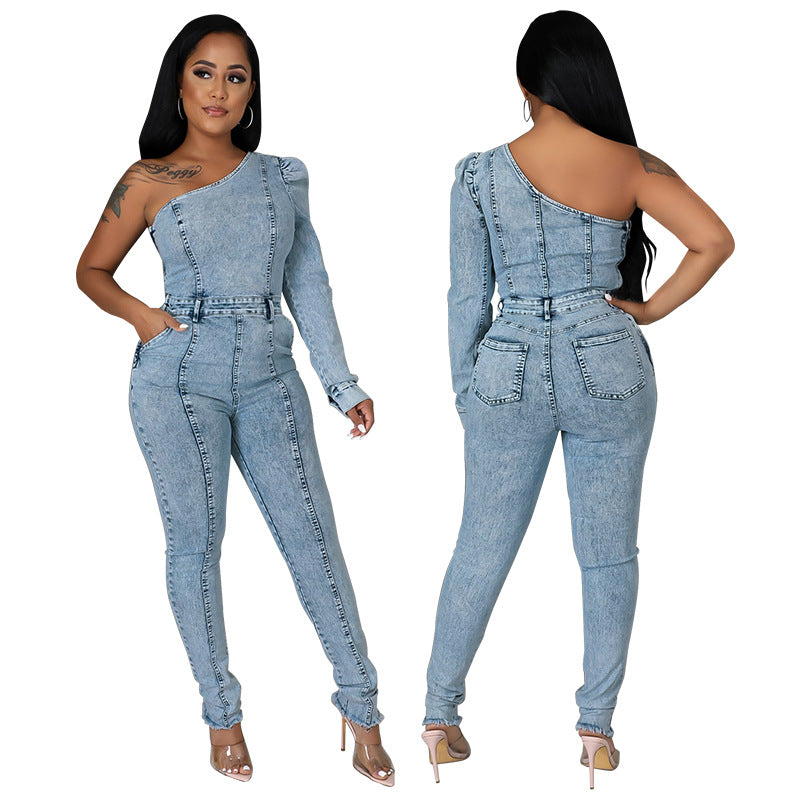 New Women Clothes Autumn New Single Sleeve Off The Shoulder Sexy Denim Jumpsuit