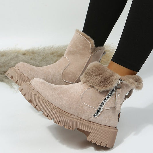 Short Thick Soled round Toe Snow Boots Women Vintage Fleece-Lined Thickening Thermal Cotton Shoes