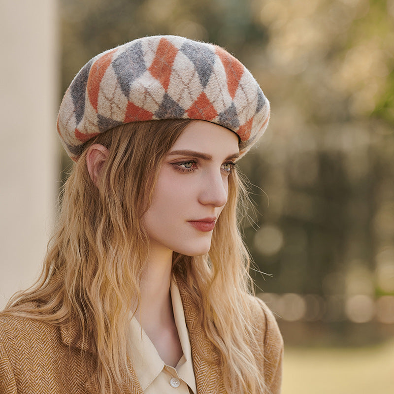 Contrast Color Wool Beret Casual Autumn Winter Warm Thickened Plaid All Matching Painter Cap