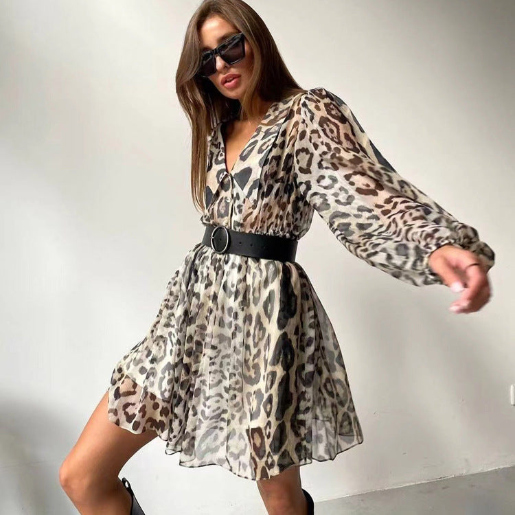 Summer French Chiffon Dress Women Clothing Trend Doll Collar Long Sleeve Leopard Print Dress