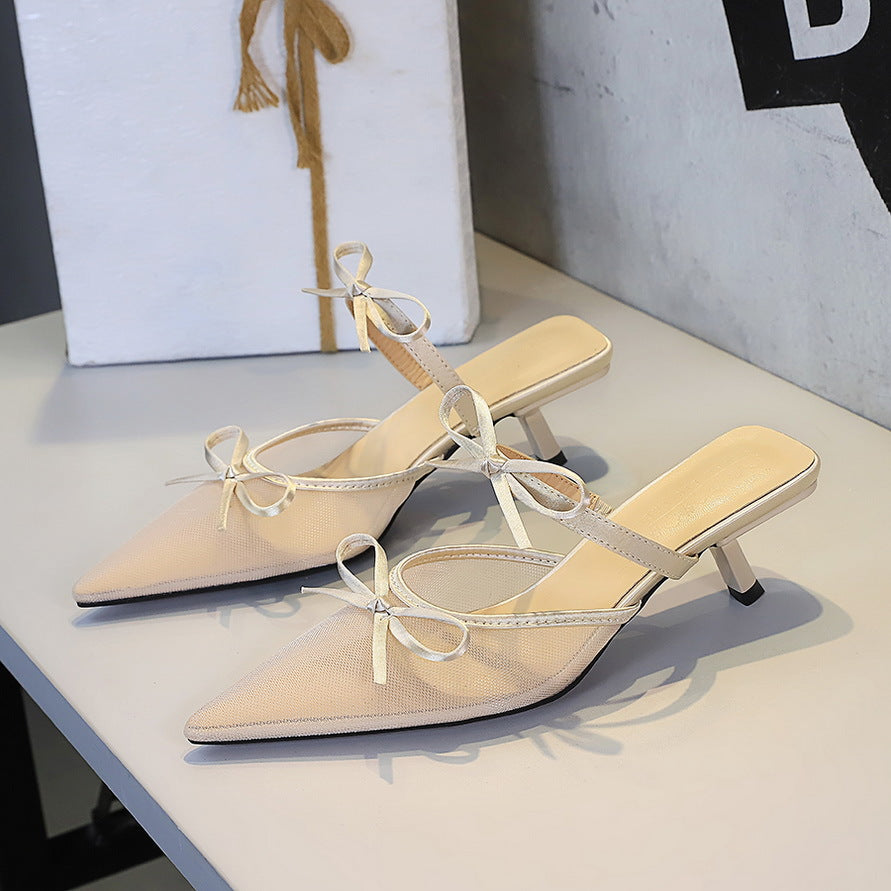 Korean Lace Half Slippers Stiletto Women Shoes Pointed Toe Low Cut Bowknot Strap Mid Heel Outdoor Slippers for Women