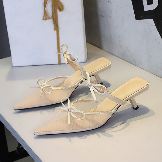 Korean Lace Half Slippers Stiletto Women Shoes Pointed Toe Low Cut Bowknot Strap Mid Heel Outdoor Slippers for Women