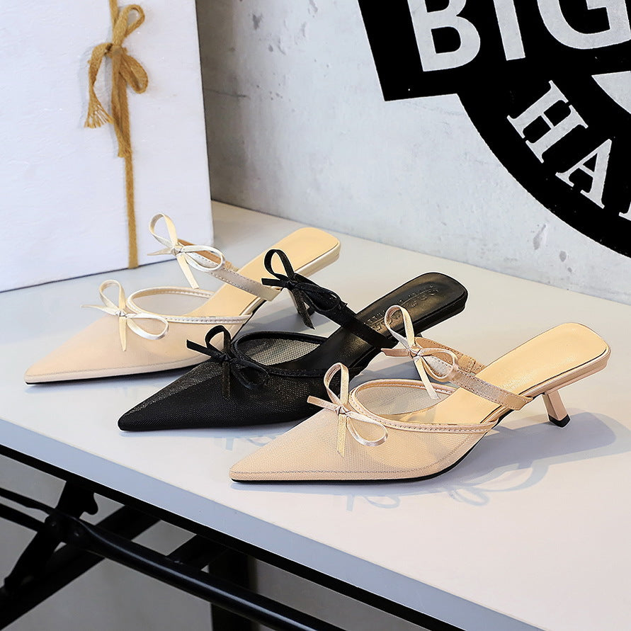 Korean Lace Half Slippers Stiletto Women Shoes Pointed Toe Low Cut Bowknot Strap Mid Heel Outdoor Slippers for Women