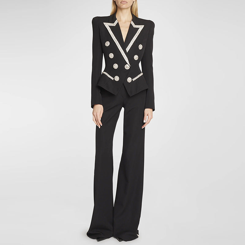 Stars Diamond Beaded Double Breasted Slim Blazer Rhinestone Trousers