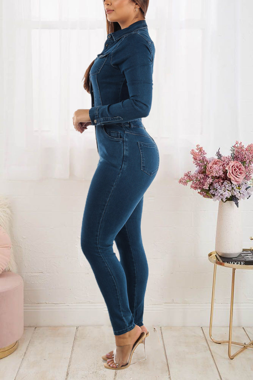 ' W'omen Slim Elastic Feet Wash Denim Jumpsuit Jumpsuit