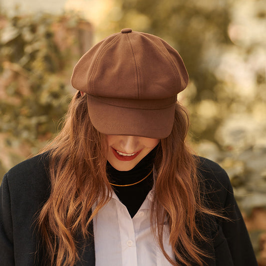 Beret Women Autumn Winter Warm Winter Hat Solid Color Octagonal Cap All Matching Peaked Cap