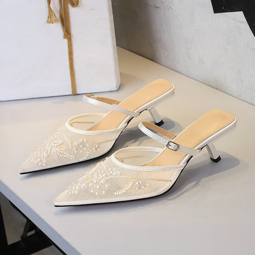 Lace Mesh Stiletto Heel Pointed Toe Semi Slippers Women Floral Embroidery Sexy Hollow Out Cutout out Strap Slippers