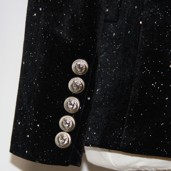 Spring Autumn Blazer Starry Sequined Silver Buckle Waist Tight Velvet Small Blazer for Women