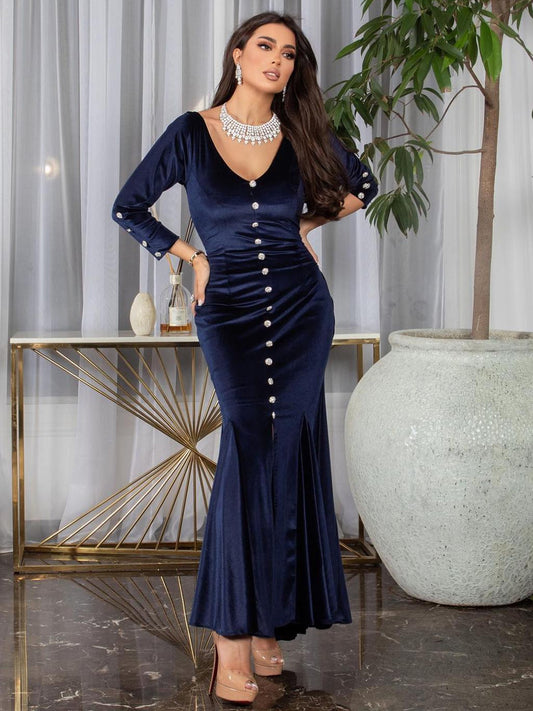 Women Clothing Autumn Winter Elegant Slim Sexy Push up High Waist Drill Buckle Korean Velvet Dress