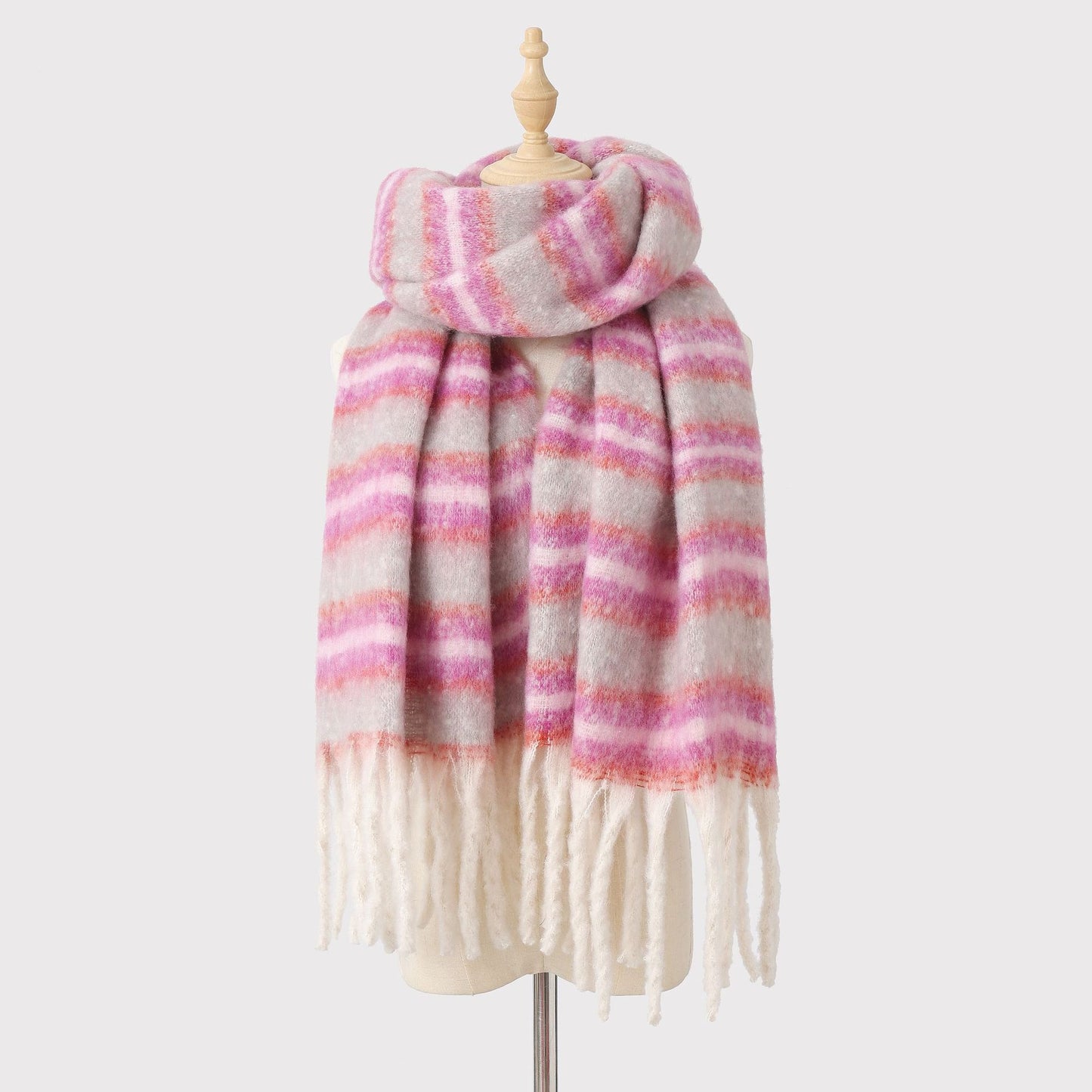 Mohair Winter Striped Scarf Women Warm Color Matching Cashmere High Grade Thickened Scarf Shawl