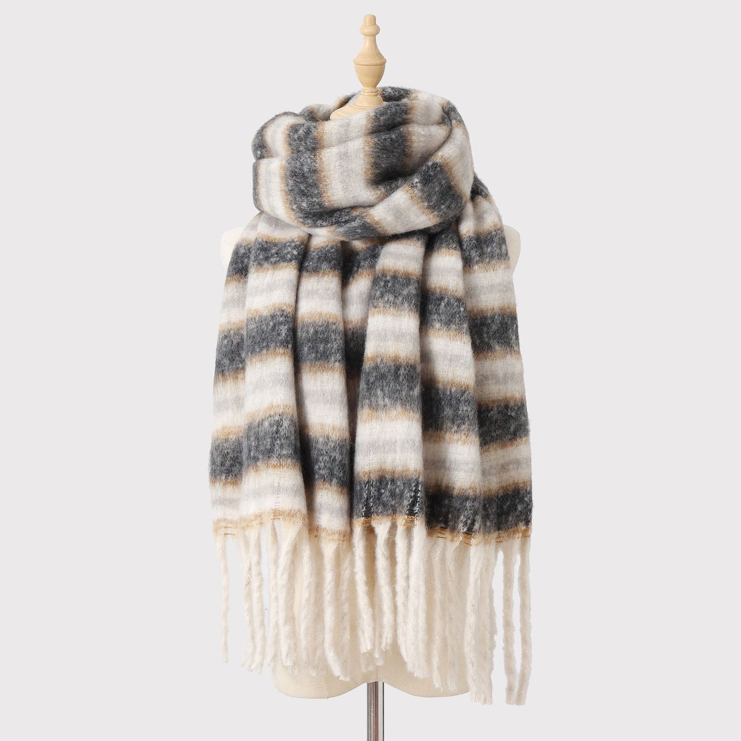 Mohair Winter Striped Scarf Women Warm Color Matching Cashmere High Grade Thickened Scarf Shawl