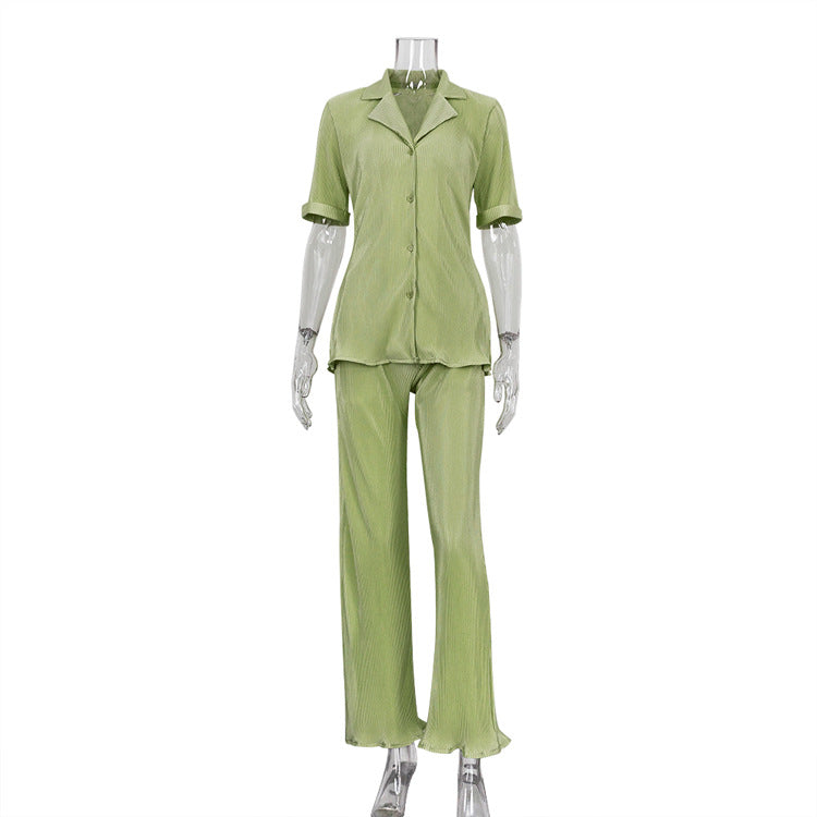 Summer French Office Green Short Sleeve Shirt Casual Pleated High Waist Wide Leg Pants Suit textured