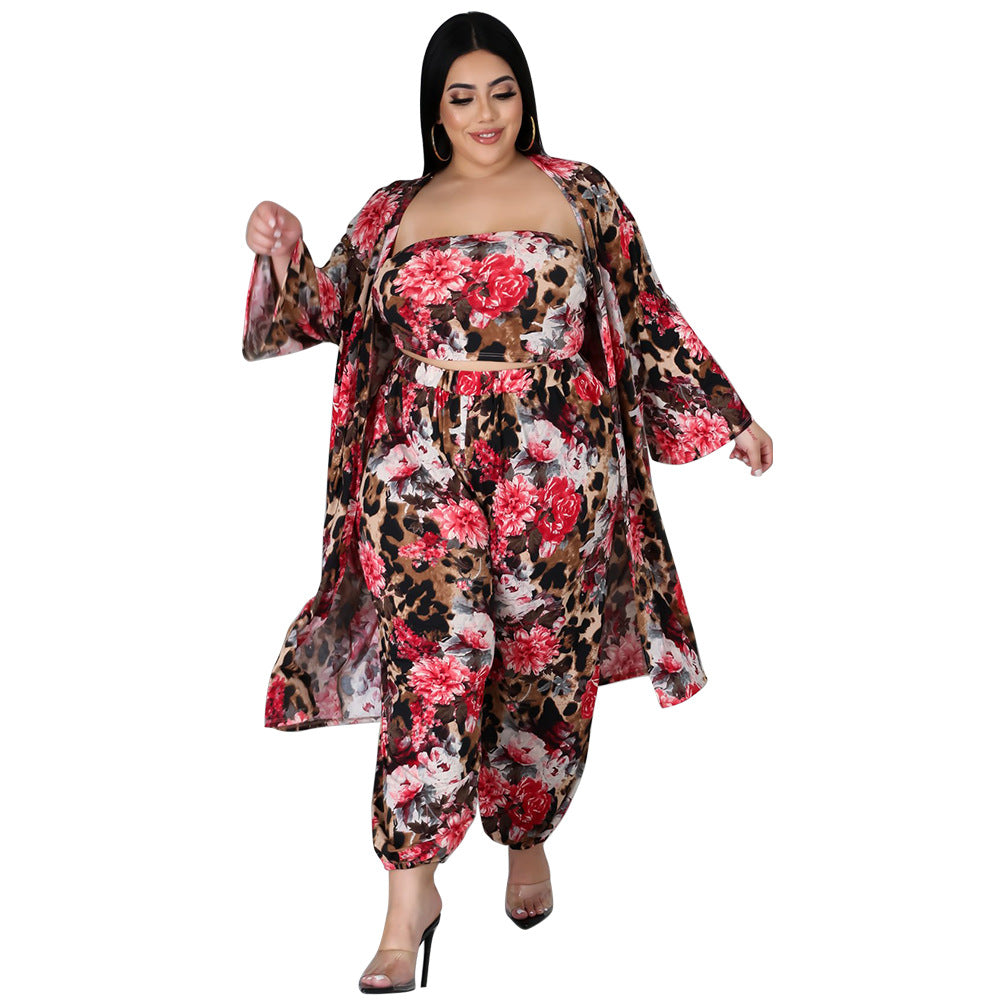 Plus Size Digital Printing Corset Cloak Three-Piece Set Sexy Women Clothing