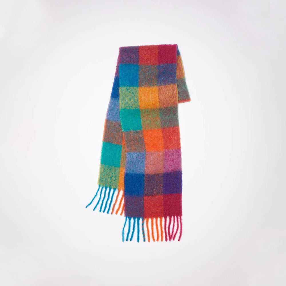 Women Plaid Scarf Winter Warm Plaid Rainbow Tassel Cashmere like Shawl Scarf