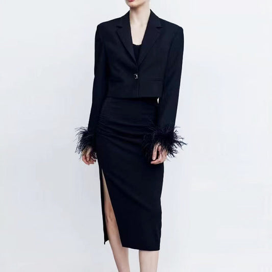 High Ostrich Feather Long Sleeve Slim Fit Office Women Business Set Mid Length Skirt Set