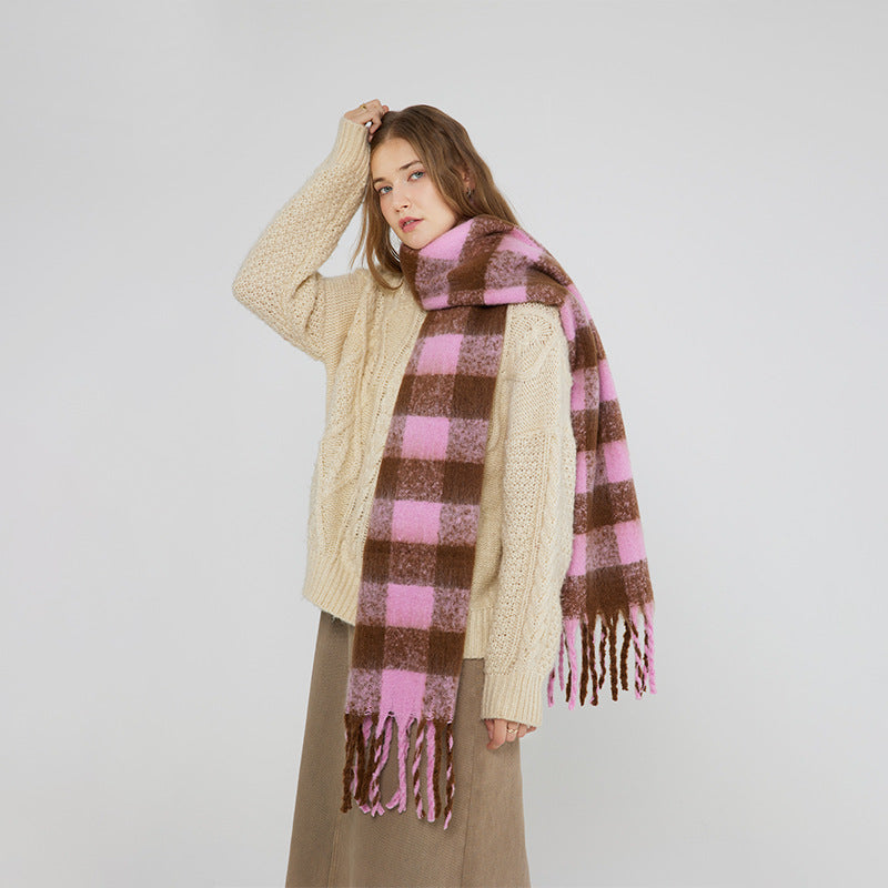 Autumn Winter Chessboard Plaid Soft Glutinous Mohair Scarf Z Family Same Artificial Cashmere Scarf Shawl Women Winter