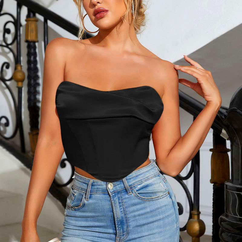 Summer Women Sexy Pile Collar Wrapped Chest cropped Short Vest Small Top Boning Corset Boning Corset Corset