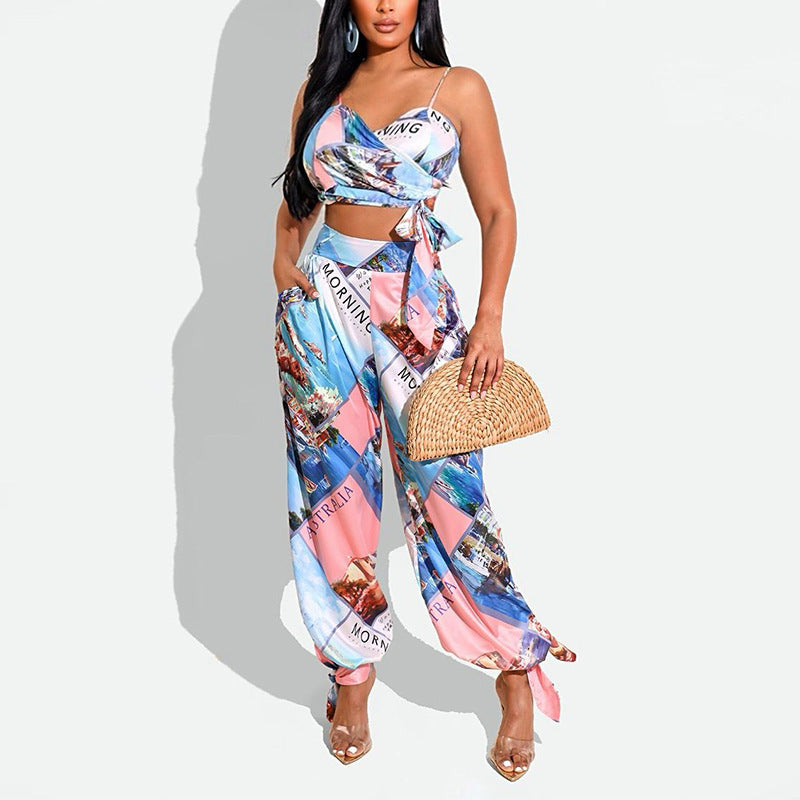 Women Clothing Summer Printed Sexy Corset Harem Pants Two Piece Set