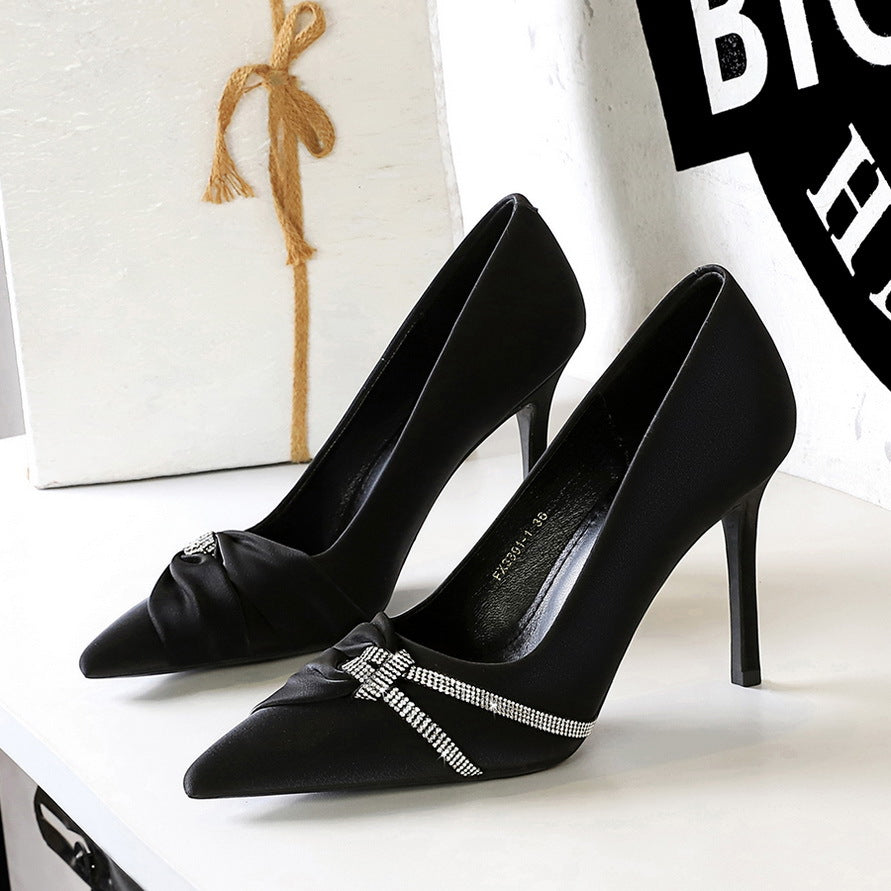 Cocktail High Heels Stiletto Heel Shallow Mouth Pointed Toe Rhinestone Bow Pumps Women Shoes