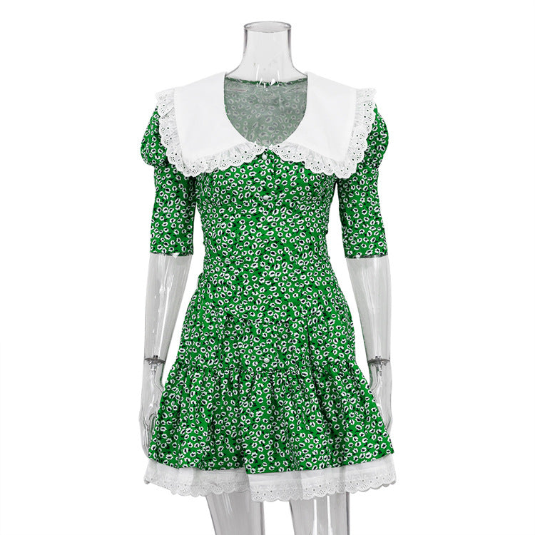 Summer Peter Pan Collar Short Sleeve Floral Dress Graceful Fashionable Tight Waist Pettiskirt