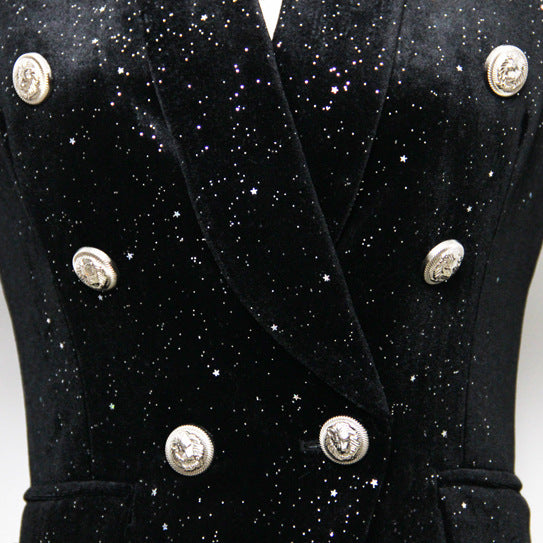 Spring Autumn Blazer Starry Sequined Silver Buckle Waist Tight Velvet Small Blazer for Women