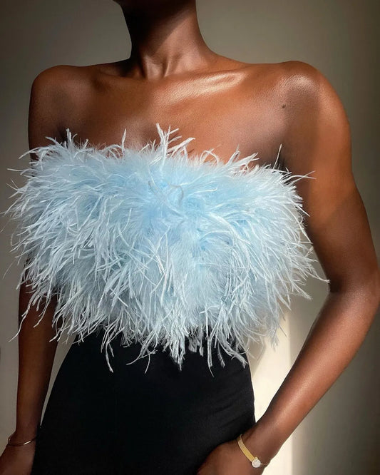 Spring Summer Feather Multi Color Fur Tube Top Top