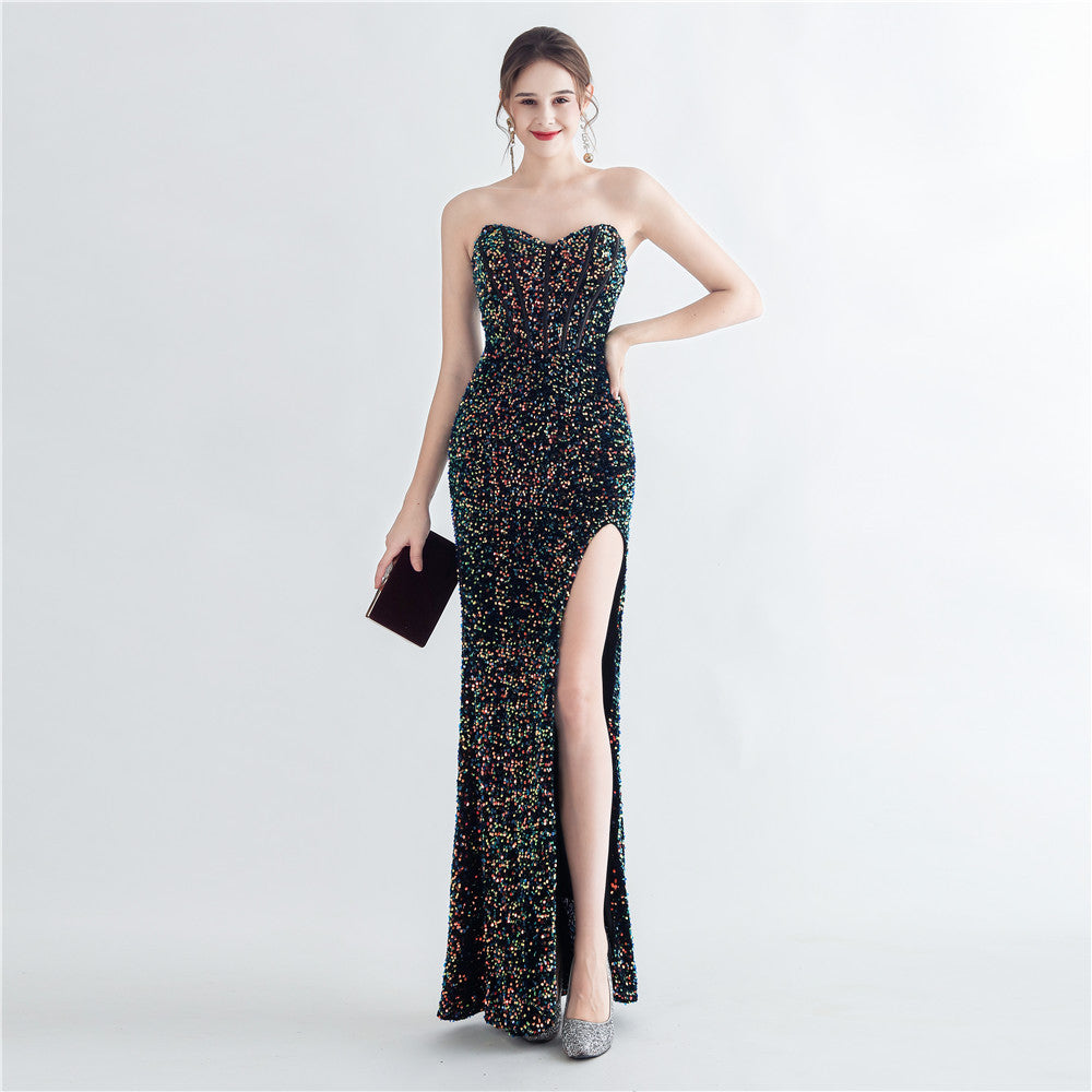 Colorful Sequin Lash Rope Chest Side Slit Tube Top Boning Corset Evening Dress