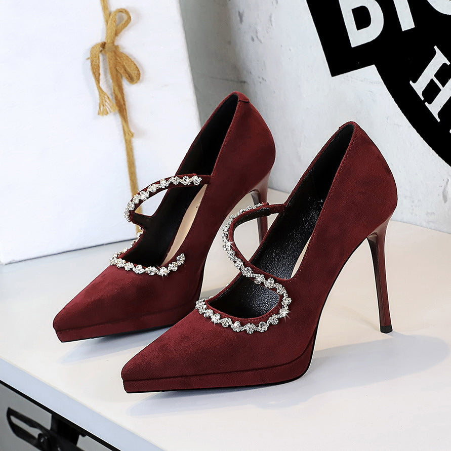 Cocktail High Heels Stiletto Low Cut Suede Pointed Toe Waterproof Platform Rhinestone Ankle Strap High Heel Pumps