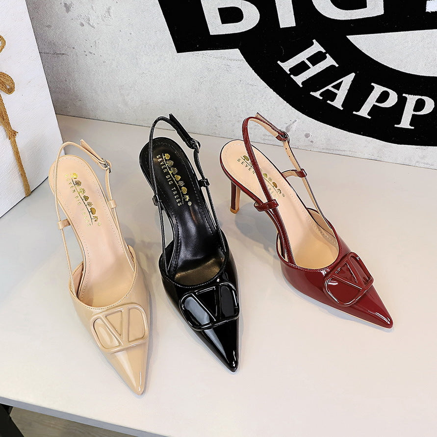 French Sexy V Shaped Square Buckle Pointed High Heels Women Patent Leather Stilettos Hollow Out Cutout Back Strap Women Shoes