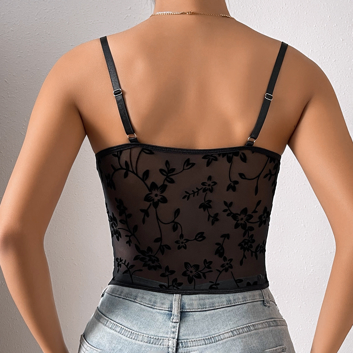 Women Sexy Low Cut See through Sling Stitching Mesh Boning Corset Waist Short Top Women