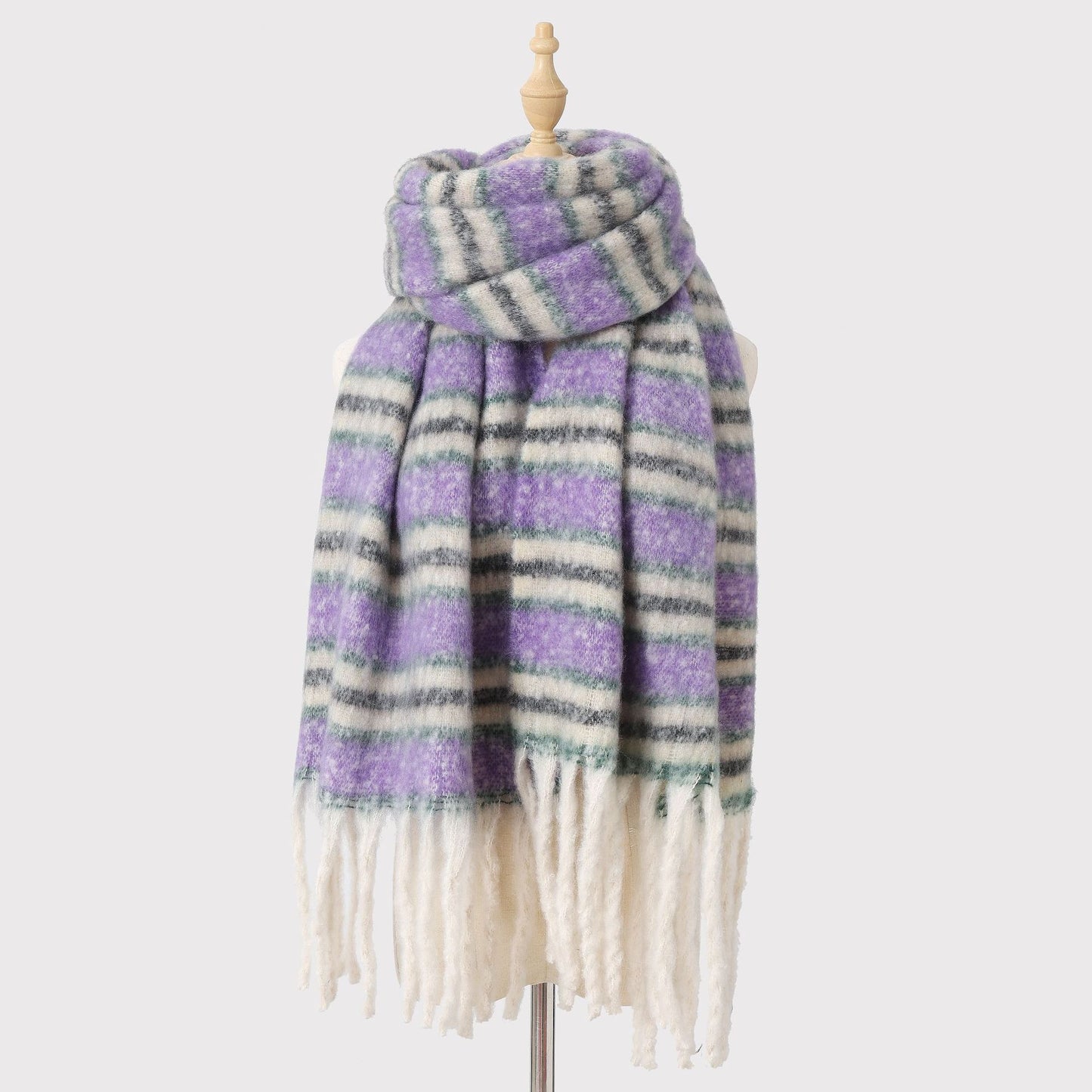 Mohair Winter Striped Scarf Women Warm Color Matching Cashmere High Grade Thickened Scarf Shawl