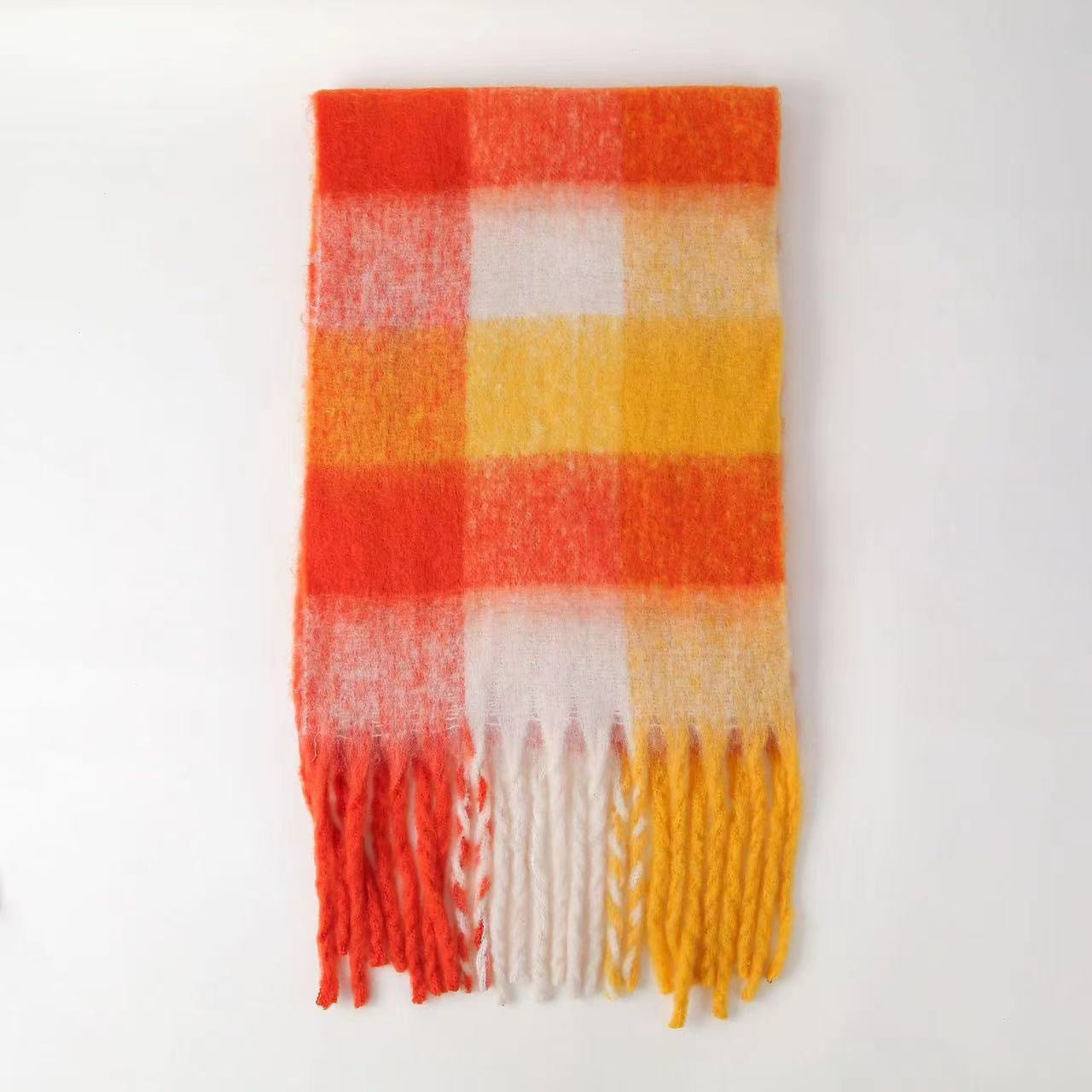 Women Plaid Scarf Winter Warm Plaid Rainbow Tassel Cashmere like Shawl Scarf