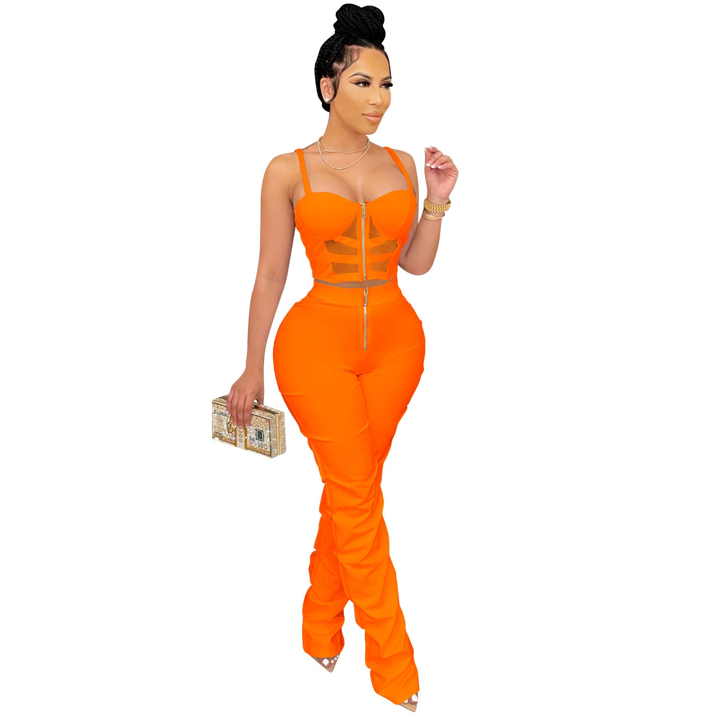 Solid Color Sexy Women Clothing Spaghetti Straps Corset Zipper Vest Pants Two Piece Set