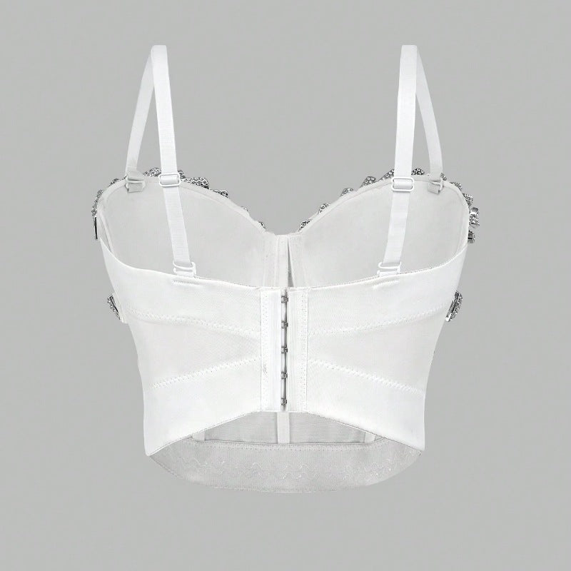 High Waist Slim Strap Vest with Chest Pad Outer Wear Boning Corset Bra Sexy Push up All-Match Beaded Wrapped Chest