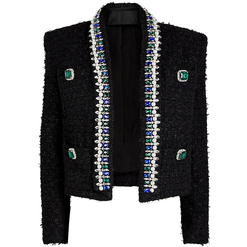 High Quality Lady Temperamental Office Black Premium Heavy Industry Beads Top Woolen Cardigan Coat