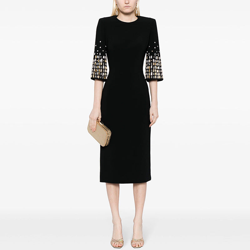 Autumn Winter Heavy Industry Beads Diamond Five Quarter Sleeve Mid Length Dress