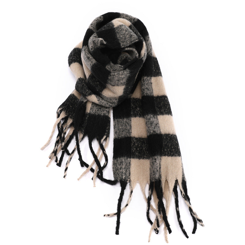 Black White Checkerboard Plaid Scarf Z Thickened Warm Scarf Women Winter Length Bib Shawl