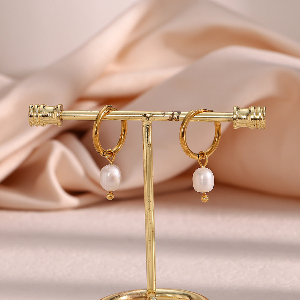 Simple Light Luxury Earrings Jewelry Stainless Steel Plated 18K Gold Freshwater Pearl Gold Ear Ring Accessories