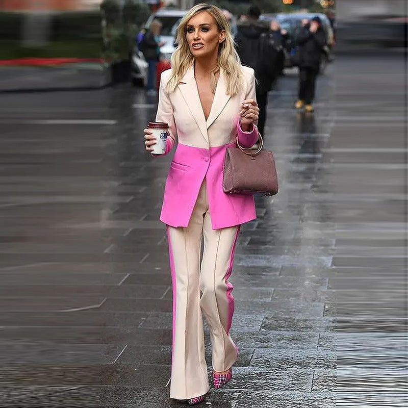 Business Suit One Button Color Matching Suit Bell-Bottom Pants Suit Two-Piece Suit