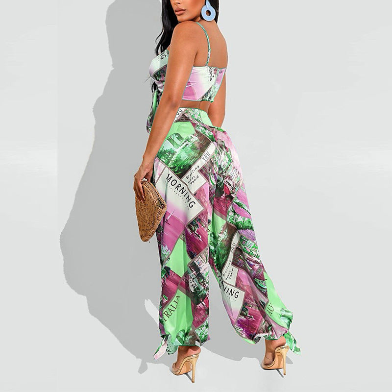 Women Clothing Summer Printed Sexy Corset Harem Pants Two Piece Set