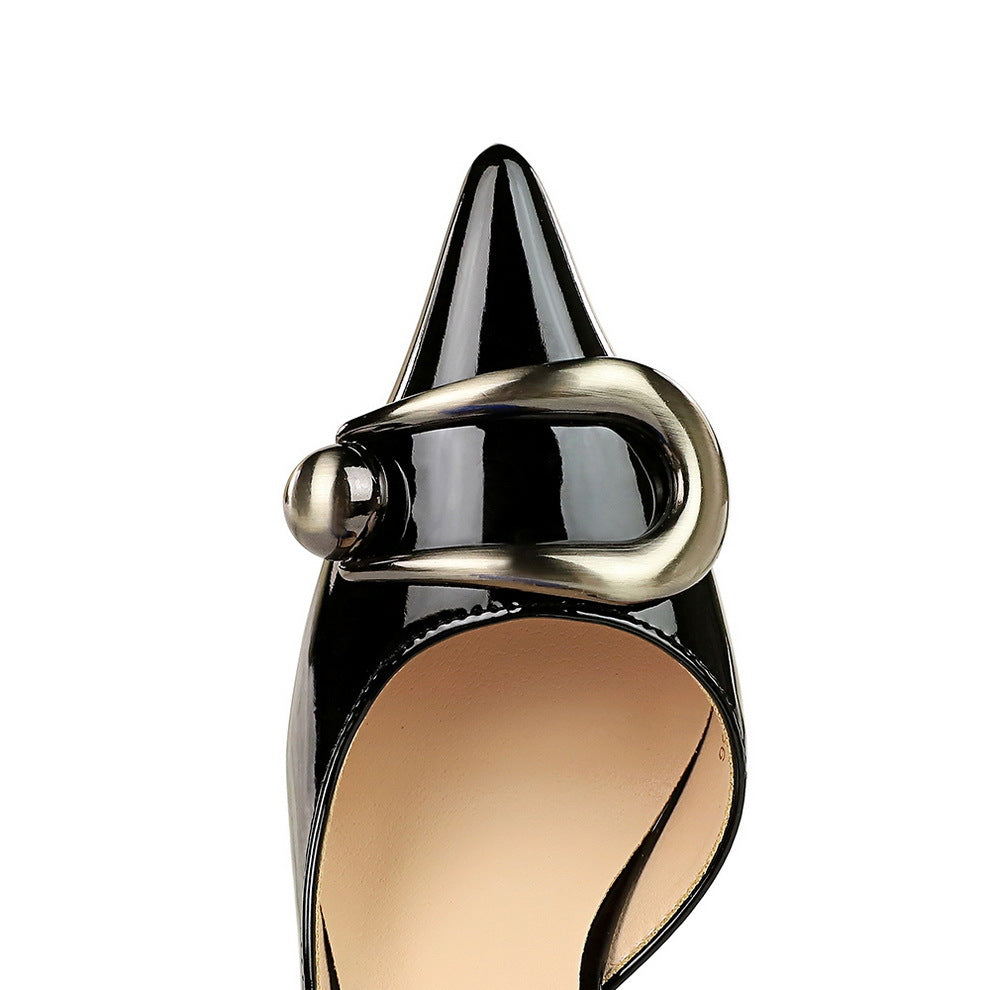 Cocktail Women Shoes Stiletto Heel Shallow Mouth Pointed Patent Leather Side Hollow Out Cutout Metal Buckle Pumps Women