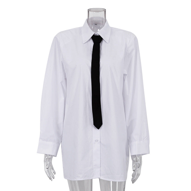 Spring Women Cotton Long Sleeved Shirt with Black Tie Loose Long White Shirt