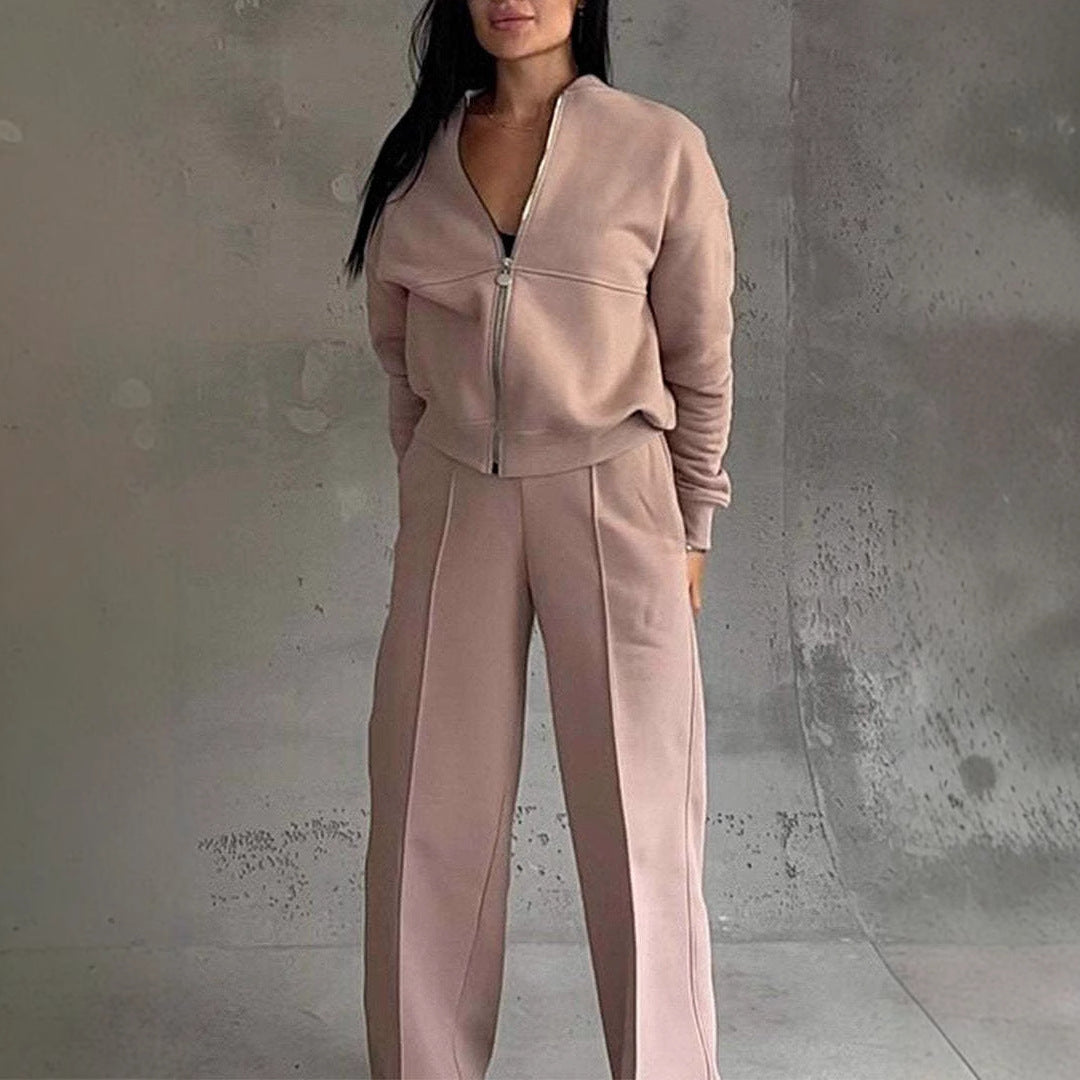 Autumn Winter Women Casual Zipper Jacket Wide Leg Pants Two Piece Set