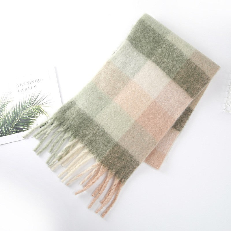 Women Plaid Scarf Winter Warm Plaid Rainbow Tassel Cashmere like Shawl Scarf