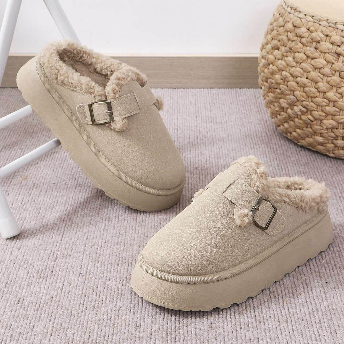 Autumn Winter Thick Bottom Plush Buckle Thermal Cotton Slippers Casual Women Shoes