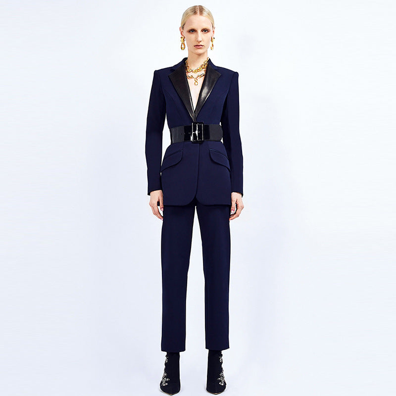 Leather Patchwork Collar Belt Mid Length Work Pant Blazer Suit Set Two Piece Set