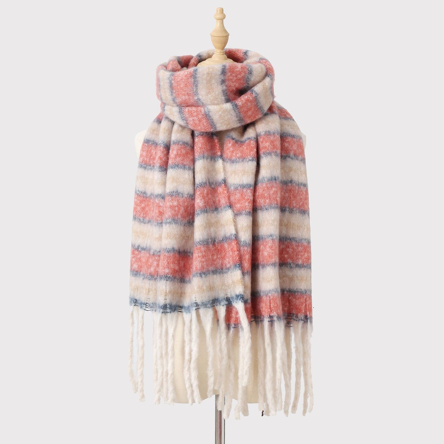 Mohair Winter Striped Scarf Women Warm Color Matching Cashmere High Grade Thickened Scarf Shawl