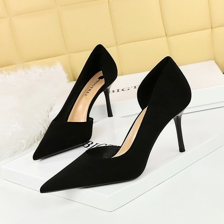 Fashionable Simple Stiletto Heel Women Shoes Slim Suede Shallow Mouth Pointed Toe Side Hollow Out Cutout Pumps High Heel